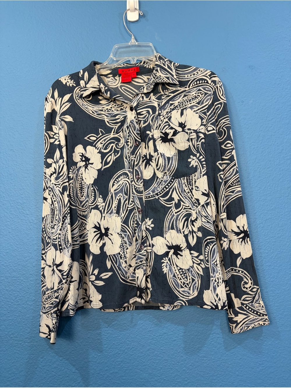 Burns Blue White Silk Blend Floral Paisley Button Up Shirt Women Size 8